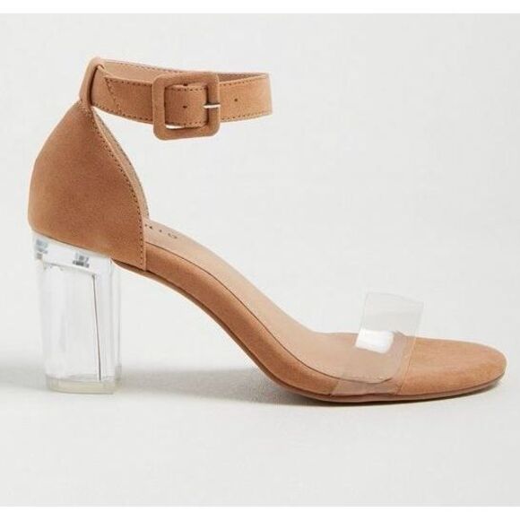 NWT SZ 8W Torrid Translucent Block Heel Adjustable Ankle Strap Sandal in Tan Sue - Picture 2 of 8